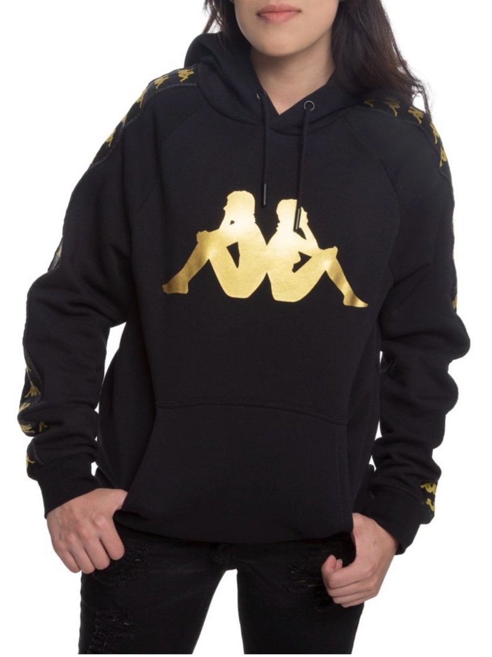 Kappa Gently Worn Black Hoodie with Gold Logo Tape